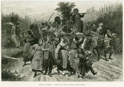फसल की वापसी। 1887 में, चार्ल्स ग्रैड, जर्मन प्रतिनियुक्त चार्ल्स ग्रैड द्वारा, एडौर्ड चार्टन (1807-1890), हैचेट, पेरिस द्वारा निर्देशित टूर डू मोंडे 1888 में कहानी को चित्रित करने के लिए लिक्स द्वारा उत्कीर्णन, ए थ्रू अलसैस और लोरेन। द्वारा फ्रेडरिक थियोडोर लिक्स