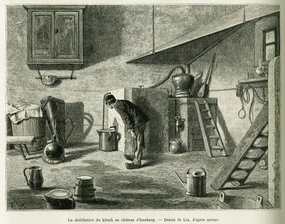 इसेनबर्ग के महल में किर्श का आसवन। 1887 में चार्ल्स ग्रैड, जर्मन प्रतिनियुक्त चार्ल्स ग्रैड द्वारा, एडौर्ड चार्टन (1807-1890), हैचेट, पेरिस द्वारा निर्देशित टूर डू मोंडे में कहानी को चित्रित करने के लिए लिक्स द्वारा उत्कीर्णन, ए थ्रू अलसैस और लोरेन। द्वारा फ्रेडरिक थियोडोर लिक्स
