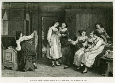 पुरानी अल्साटियन पोशाक। एडौर्ड चार्टन (1807) के निर्देशन में, 1885 में चार्ल्स ग्रैड, जर्मन प्रतिनियुक्त द्वारा, ए थ्रू अलसैस और लोरेन की कहानी को चित्रित करने के लिए, पाब्स्ट द्वारा एक पेंटिंग प्रेजेंट डे नोसेस के बाद, लिक्स द्वारा उत्कीर्णन, 1887 में टूर द्वारा फ्रेडरिक थियोडोर लिक्स