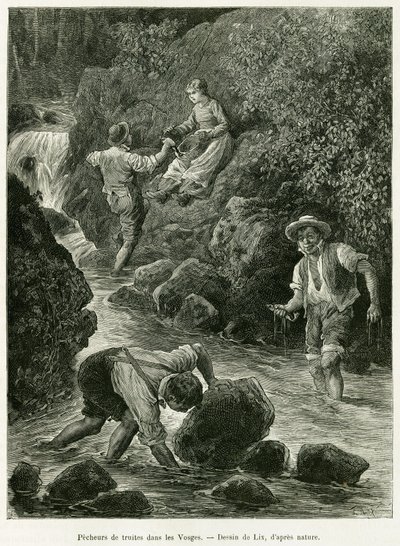 वोसगेस में ट्राउट मछुआरे। एडौर्ड चार्टन (1807-1890), हैचेट, पेरिस के निर्देशन में, 1885 में चार्ल्स ग्रैड, जर्मन प्रतिनियुक्त द्वारा, ए थ्रू अलसैस और लोरेन की कहानी को चित्रित करने के लिए, लिक्स द्वारा उत्कीर्णन। द्वारा फ्रेडरिक थियोडोर लिक्स