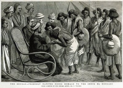 द सौदान: फ्रेंडली नेटिव्स शेख एल मोरगनी को श्रद्धांजलि, &39;द ग्राफिक&39; से, 19 अप्रैल 1884 (उत्कीर्णन) द्वारा फ्रेडरिक विलियर्स