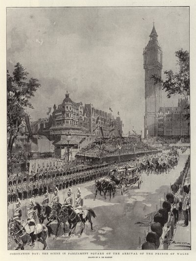 राज्याभिषेक दिवस, वेल्स के राजकुमार के आगमन पर संसद स्क्वायर में दृश्य द्वारा फ़्रेडरिक डी हेनेन