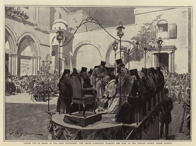 ईस्टर ईव पवित्र सेपुलकर के सामने, ग्रीक पैट्रिआर्क बारह पुराने यूनानी पुजारी के पैरों को धोता है द्वारा फ़्रेडरिक डी हेनेन