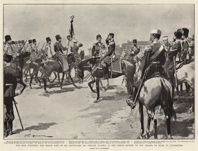 ज़ार अपने बॉडीगार्ड (2nd कोसैक गार्ड्स) के मार्च पास्ट को चैंप्स डे मार्स, सेंट पीटर्सबर्ग में स्प्रिंग रिव्यू में देखता है द्वारा फ़्रेडरिक डी हेनेन