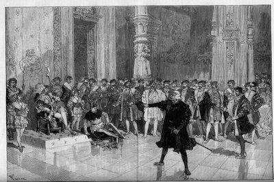 नाट्य प्रस्तुति: विक्टर ह्यूगो (1808-1883) द्वारा "द किंग हैज़ फन"। अधिनियम I दृश्य 5: लौवर में एक कमरा, अभिशाप। किंग फ्रेंकोइस I (Mounet Sully (या Mounet Sully) 1841-1916) और जस्टर ट्रिबौलेट (एडमंड) से पहले एम. डी सेंट वैलियर (सेंट-वैलियर) द्वारा फ़्रेडरिक डी हेनेन
