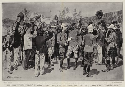 लॉर्ड किचनर के लिए तीन चीयर्स, कमांडर-इन-चीफ द्वारा संबोधित किए जाने के बाद राष्ट्रीय स्काउट्स में शामिल होने के लिए बोयर्स ने आत्मसमर्पण किया द्वारा फ़्रेडरिक डी हेनेन