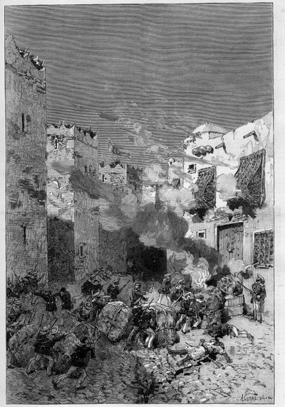 ट्यूनीशिया, जुलाई 1881: ट्यूनीशिया के फ्रांसीसी संरक्षक के खिलाफ निवासियों के विद्रोह के बाद फ्रांसीसी सैनिकों ने स्टैक्स शहर पर कब्जा कर लिया। समुद्री राइफलें कसाब (कस्बा) के तल पर स्थित अरब घरों को धूम्रपान करती हैं - "द इलस्ट" में डी हेनेन द्व द्वारा फ़्रेडरिक डी हेनेन