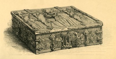 लकड़ी और चमड़े का कास्केट, 1350-1370, 1881। द्वारा फ्रेडरिक अल्बर्ट स्लोकोम्ब