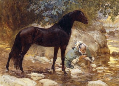 एक अरब ने एक नदी द्वारा अपने घोड़े को पानी पिलाया, c.1890-1900 द्वारा फ्रेडरिक आर्थर ब्रिजमैन