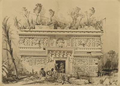 लास मोंजस, चिचेन इट्ज़ा, युकाटन, 1843 (सेपिया स्याही और वॉव पेपर पर धो) द्वारा फ्रेडरिक कैथरवुड