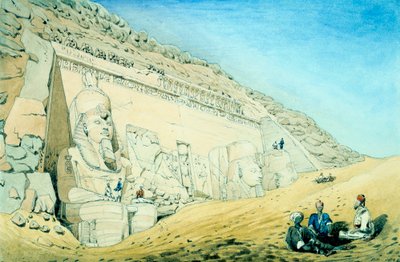 13 वीं शताब्दी ईसा पूर्व मिस्र के अबू सिंबल में मुख्य मंदिर के प्रवेश द्वार के बाहर रमेस द्वितीय की मूर्तियाँ द्वारा फ्रेडरिक कैथरवुड