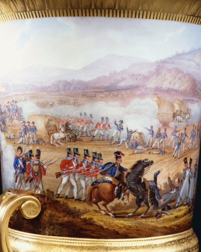 1817 की विएतोरिया की लड़ाई के एक दृश्य के साथ चित्रित एक बर्लिन गोल्ड-ग्राउंड पतला कैम्पाना फूलदान और वेलिंगटन सेवा प्रकार के प्लिंथ से विस्तार द्वारा फ्रेडरिक क्रिश्चियन लुईस