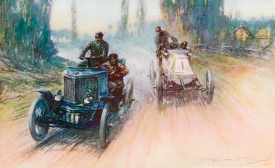 1898 की पेरिस-एम्सटर्डम दौड़ में, रेसिंग इतिहास में पहली बार, चारोन की सफेद पैनहार्ड को टिलर स्टीयरिंग के बजाय व्हील से सुसज्जित किया गया था (रंगीन लिथो) द्वारा फ्रेडरिक गॉर्डन (बाद में) क्रॉस्बी