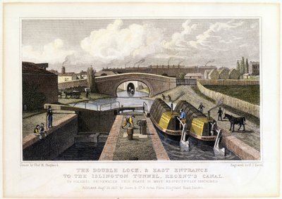 इलिंगटन टनल, रीजेंट कैनाल, 1827 में डबल लॉक और ईस्ट एंट्रेंस द्वारा फ्रेडरिक जेम्स हैवेल