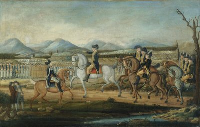 1795 के बाद मैरीलैंड के फोर्ट कंबरलैंड में पश्चिमी सेना की समीक्षा करते हुए वाशिंगटन। द्वारा फ्रेडरिक केमेल्मेयर