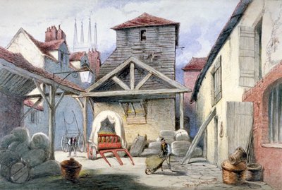 रोज़ इन का आंगन, फरिंगडन स्ट्रीट, लंदन शहर, 1838। द्वारा फ्रेडरिक नेपोलियन शेफर्ड