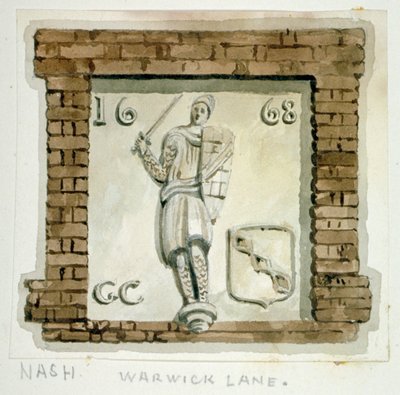 लंदन शहर के वारविक लेन में एक घर की दीवार पर गाइ, अर्ल ऑफ वारविक का पुतला, c1820। द्वारा फ्रेडरिक नैश