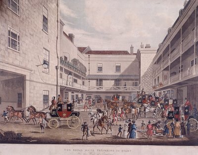 लाड लेन, लंदन, 1831 में रॉयल मेल कोच द्वारा फ्रेडरिक रोसेनबर्ग