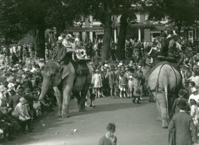 अगस्त 1926 में लंदन चिड़ियाघर में दर्शकों की भीड़ द्वारा देखे गए दो एशियाई हाथियों के साथ हाथी की सवारी (b/w photo) द्वारा फ्रेडरिक विलियम बॉन्ड