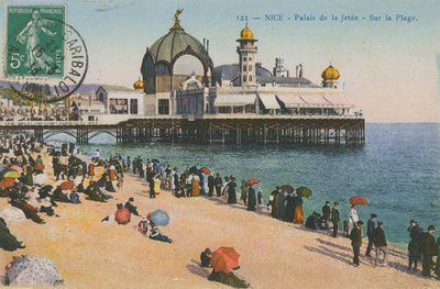 बीच और पैलैस डी ला जेटी, नीस। 1913 में पोस्टकार्ड भेजा गया। द्वारा फ्रेंच फोटोग्राफर