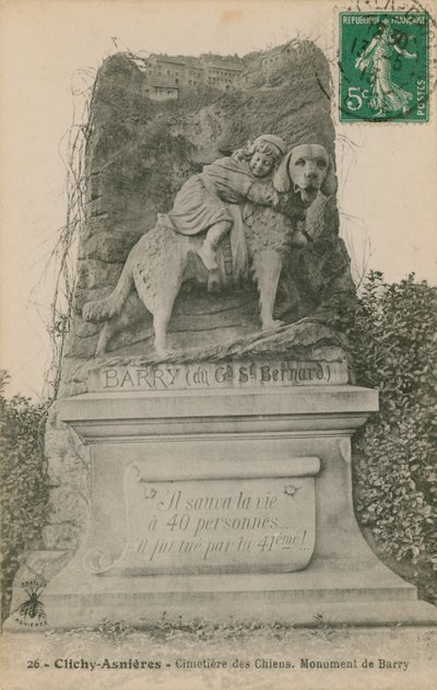 क्लिची-एसनिरेस - कब्रिस्तान ऑफ द डॉग्स। बैरी स्मारक। 1913 में पोस्टकार्ड भेजा गया। द्वारा फ्रेंच फोटोग्राफर