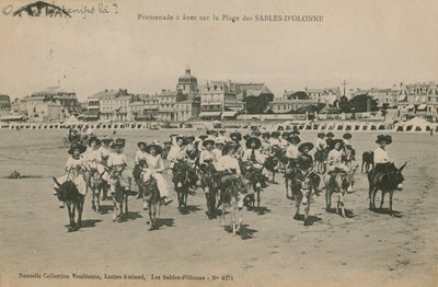 गधा पश्चिमी फ्रांस के Les Sables-dOlonne में समुद्र तट पर सवारी करता है। 1913 में पोस्टकार्ड भेजा गया। द्वारा फ्रेंच फोटोग्राफर