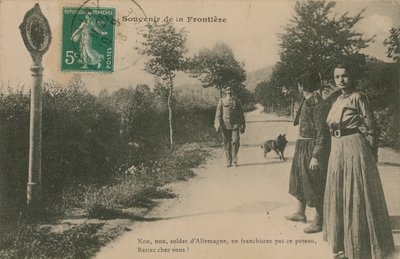 फ्रेंको-जर्मन फ्रंटियर की स्मारिका। 1913 में पोस्टकार्ड भेजा गया। द्वारा फ्रेंच फोटोग्राफर