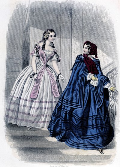 2 फैशनेबल महिलाएं - "" जर्नल डेस डेमोइसेलस "" 1852 में। द्वारा फ्रेंच स्कूल