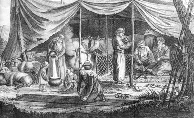 कौरिश नोमैड्स का एक परिवार, गैस्पर्ड ड्रोविल के वायस एन पियर्स से, 1825 में प्रकाशित हुआ द्वारा फ्रेंच स्कूल