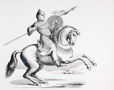 एक नॉर्मन नाइट ने चेन मेल और हेलमेट पहनकर स्पीयर और शील्ड, 1873 को पहना द्वारा फ्रेंच स्कूल