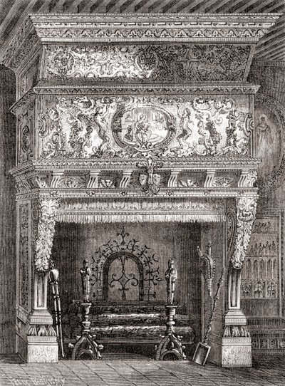 द क्लूनी म्यूज़ियम, पेरिस, फ़्रांस में एक पुनर्जागरण चिमनी, 'लेस मर्वेल्स डे ला साइंस' से, प्रकाशित c.1870 (उत्कीर्णन) द्वारा फ्रेंच स्कूल