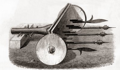 Les Merveilles de la Science से एक Ribauldequin, राक्षसी मशीन या अंग बंदूक, छोटी तोप और पाइक से लैस, c.1870 (उत्कीर्णन) प्रकाशित द्वारा फ्रेंच स्कूल