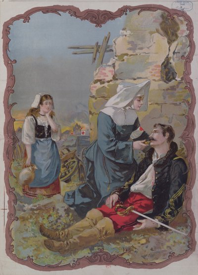 1870, 1895 के युद्ध के दौरान एक घायल सैनिक की मदद करने वाली एक बहन द्वारा फ्रेंच स्कूल