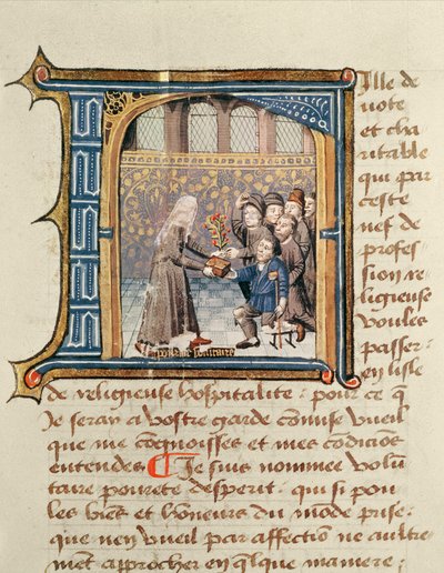 जीन हेनरी, c.1482 द्वारा होटल Dieu de Paris के जीवन की सक्रिय पुस्तक से मरीजों को उपहार प्राप्त करने वाली एक बहन द्वारा फ्रेंच स्कूल