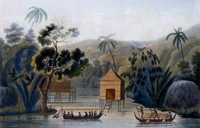 लेफ्टिनेंट लुई इसोडोर डुपर्रे, 1826 द्वारा कार्वेट कोक्विले पर दुनिया भर के ऑफक हार्बर, वाइगो द्वीप में स्टिल्ट्स पर एक आत्मा हाउस द्वारा फ्रेंच स्कूल