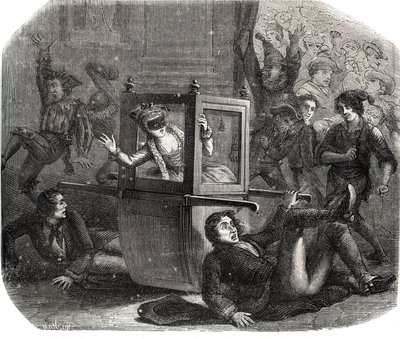 जोकरों का एक बैंड मैरी-थेरेसी (मैरी थेरेसी) ले वासेउर (लेवसेउर) (1721-1801), कार्निवल के लिए एक पोशाक, को व्हीलचेयर में आगे बढ़ने से रोकता है। वह उन पूर्व प्रेमियों में से एक के बदला लेने का शिकार है। 1871 से "हिस्टोइरे डेस कोकस सी" में उत्कीर्णन द्वारा फ्रेंच स्कूल