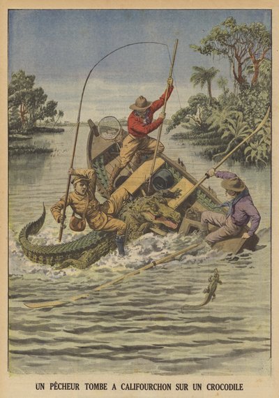 एक मछुआरा अपनी नाव (कलर लिथो) के पलटने के बाद एक मगरमच्छ पर सवार होकर गिर गया द्वारा फ्रेंच स्कूल