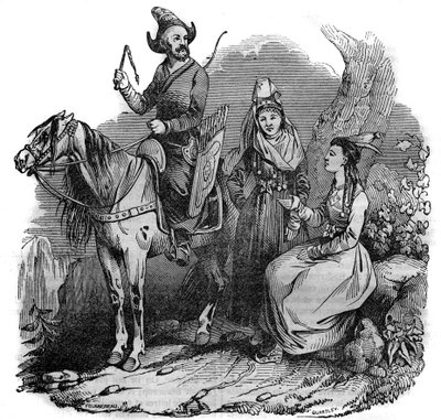 पारंपरिक पोशाक में किर्गिज़ (किर्गिज़) कोसैक्स का एक समूह। "" सुरम्य स्टोर "" 1835 . में द्वारा फ्रेंच स्कूल