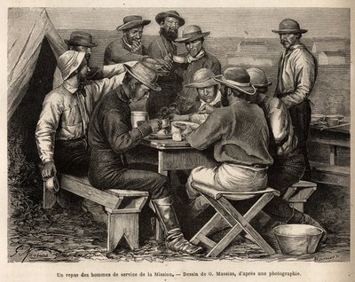 1872 के मिशन के सेवा के पुरुषों का भोजन, शिविर स्थल पर, पहले क्षेत्र टोही से पहले, जी. मासियास के चित्र के बाद उकेरा गया, जो 1870 से 1872 तक संयुक्त राज्य अमेरिका के राष्ट्रीय उद्यान के माध्यम से भौगोलिक मिशनों के एक सेट को दर्शाता है। , द्वारा द्वारा फ्रेंच स्कूल