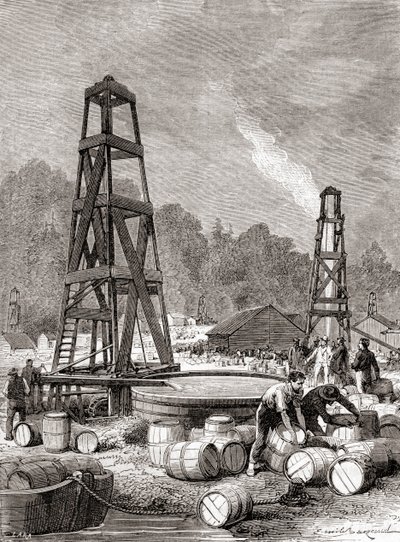 1858 में एलेघेनी नदी, पेनसिल्वेनिया, संयुक्त राज्य अमेरिका में ऑयल क्रीक में पेट्रोलियम का एक स्रोत, एडविन लॉरेंटाइन ड्रेक, उर्फ कर्नल ड्रेक द्वारा खोजा गया, 'लेस मर्वेल्स डे ला साइंस' से, प्रकाशित c.1870 (उत्कीर्णन) द्वारा फ्रेंच स्कूल