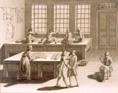 एनसाइक्लोपी डेस साइंसेज एट मेटियर्स द्वारा डेनिस डाइडरॉट (1713-84) से एक दर्जी कार्यशाला, 13.170 द्वारा फ्रेंच स्कूल