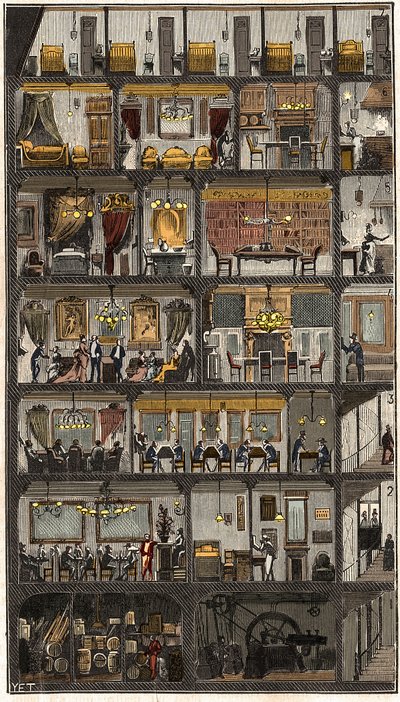 पेरिस में आवास - पेरिस के एक घर का क्रॉस-सेक्शन 1885 - 1885 में पेरिस में एक घर का क्रॉस-सेक्शन। "ला नेचर" में। विज्ञान और कला और उद्योग के लिए उनके अनुप्रयोगों की समीक्षा।" द्वारा फ्रेंच स्कूल