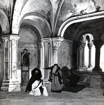 एक्ट IV, डेबसी द्वारा पेलिस एट मेलिसंडे का दृश्य 2, अप्रैल में पहली बार उत्पादन की एक तस्वीर से, ओपेरा में पेरिस में ओपेरा का 1902, थिएटर पत्रिका में चित्रण, जून 1902 द्वारा फ्रेंच स्कूल