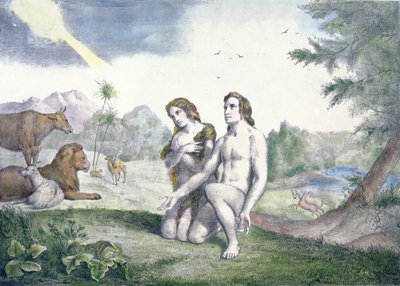 अदन और ईडन गार्डन में ईव, 19 वीं सदी के उत्तरार्ध (रंग उत्कीर्णन) द्वारा फ्रेंच स्कूल