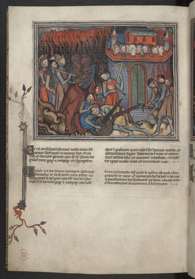 17333, f.42v, स्वर्ग की सेनाओं द्वारा ड्रैगन से युद्ध करने का लघुचित्र (प्रकाशितवाक्य XIX:19-20), सर्वनाश (#39;वैल-डियू सर्वनाश#39;) से, लगभग 1320-30 (चर्मपत्र) द्वारा फ्रेंच स्कूल