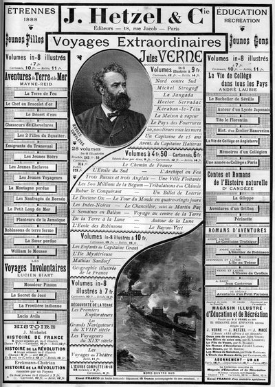 जूल्स वर्ने के उपन्यासों के लिए विज्ञापन वर्ष 1887 के अंत में, संपादक जे. हेट्ज़ेल। द्वारा फ्रेंच स्कूल