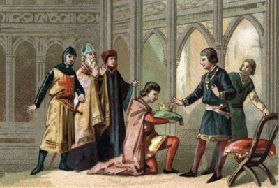 लुई एक्स की मृत्यु के बाद, ताज अपने छोटे भाई, फिलिप वी डिट ले लॉन्ग (1294-1322) के पास लौट आया। इस दृश्य में तीन सामंती आदेशों ने भाग लिया है। 1890 के आसपास क्रोमोलिथोग्राफी। द्वारा फ्रेंच स्कूल
