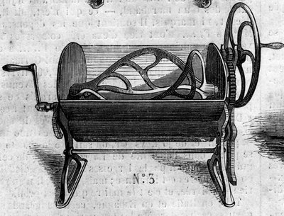 कृषि मशीन: पेरिस में 1860 की कृषि प्रदर्शनी में प्रस्तुत की गई रोटी बनाने के लिए एक यांत्रिक पेट्रीन। 30 जून के "" ले मोंडे इलस्ट्र्रे"" n°168 में उत्कीर्णन द्वारा फ्रेंच स्कूल