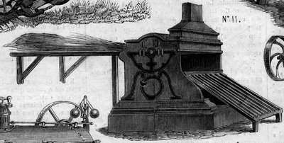 कृषि मशीन: 1860 में पेरिस कृषि प्रतियोगिता में प्रस्तुत किया गया एक थ्रेशर। 7 जुलाई 1860 के "" ले मोंडे इलस्ट्र्रे"" n°169 में उत्कीर्णन। द्वारा फ्रेंच स्कूल