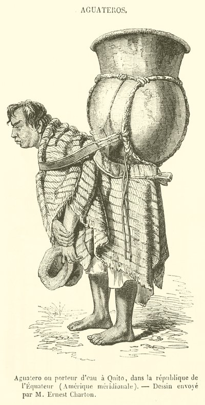 इक्वाडोर गणराज्य, दक्षिण अमेरिका (उत्कीर्णन) में Qnito में Aguatero या जल वाहक द्वारा फ्रेंच स्कूल
